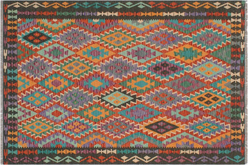 Flat Weave Kilim, Antique, Navaho, Vintage, Handmade, Geometric Kilim Rust Green Hand-Woven Rectangle 100% Wool Area Rug 5 x 6